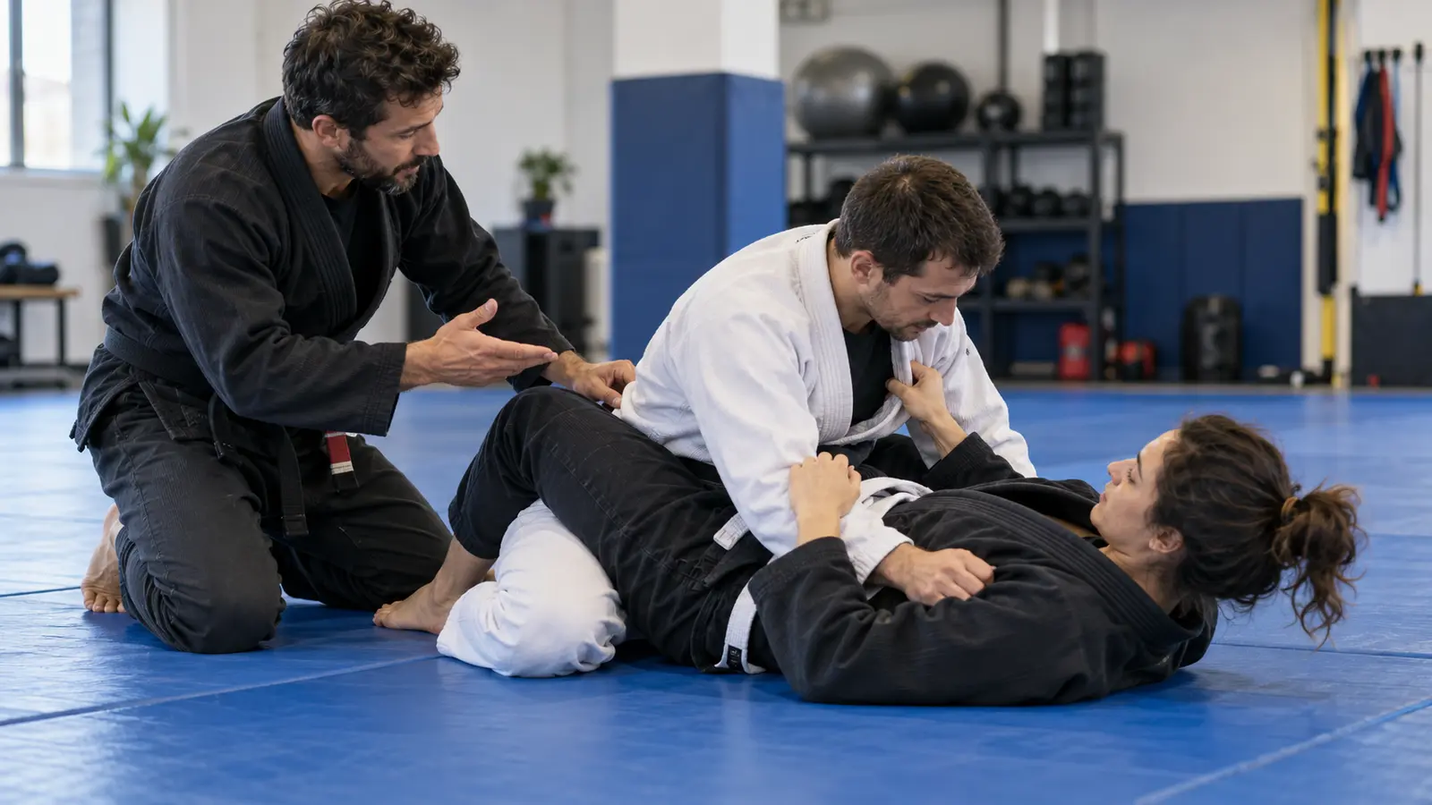 Adulti durante un esercizio controllato di Brazilian Jiu-Jitsu con l’istruttore sul tatami a Novate Milanese